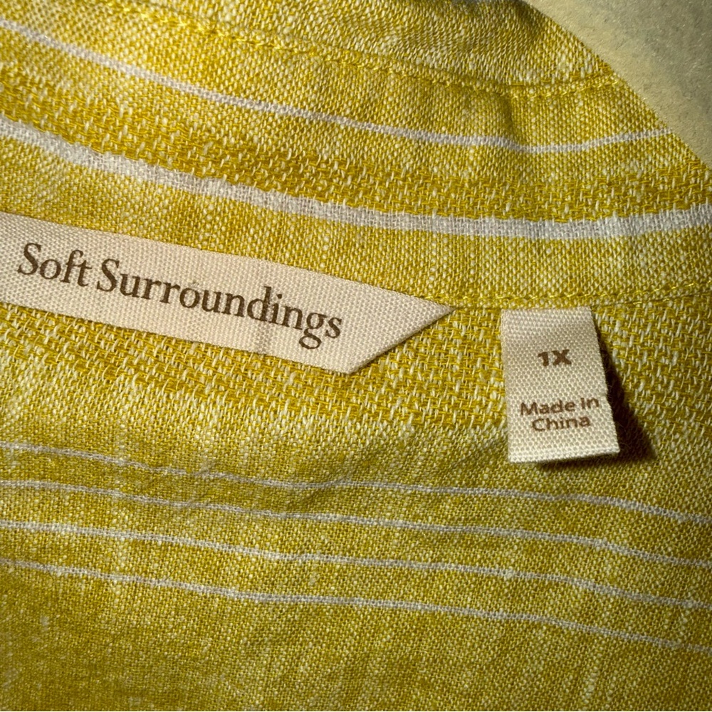 Soft Surroundings Cotton Linen Blend Button Front Blouse Top-Yellow White-1X - Picture 7 of 11